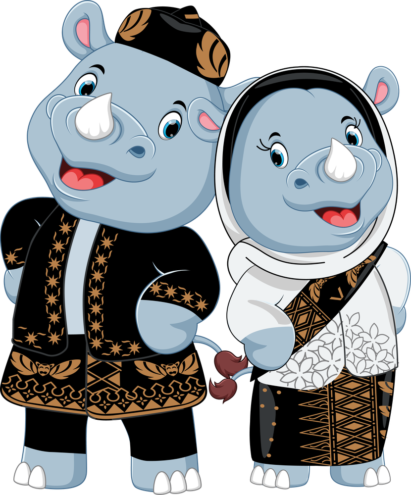Maskot PIT POGI Banten XXVIII — sepasang badak berbusana adat Banten