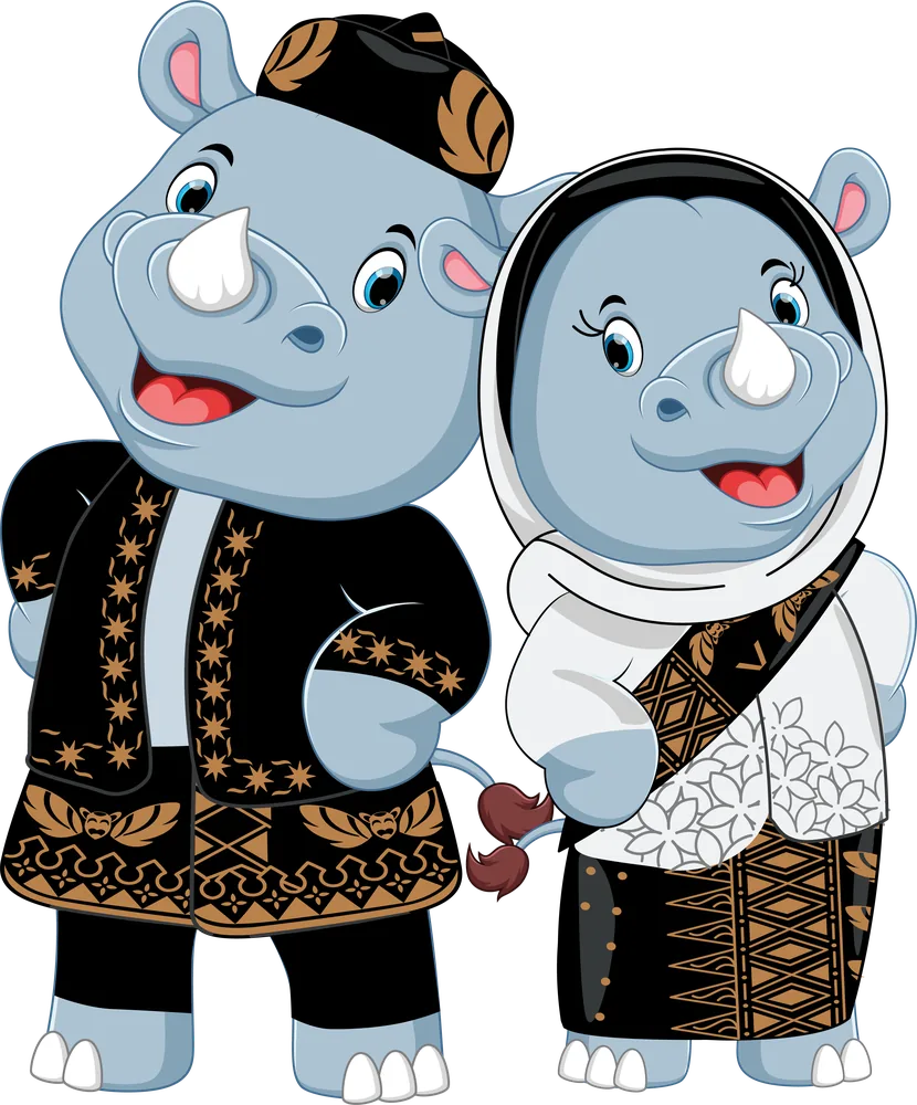 Maskot PIT POGI Banten XXVIII — sepasang badak berbusana adat Banten